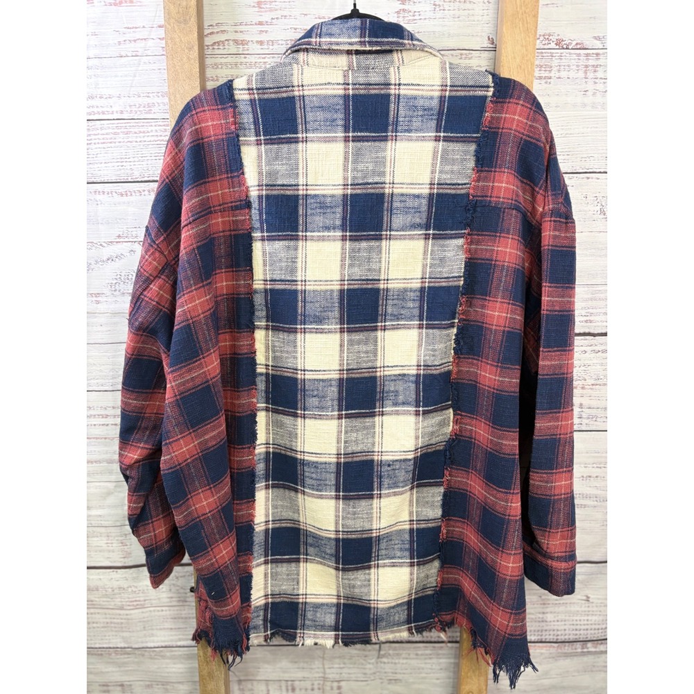 A.Peach Womens Colorblock Plaid Flannel Distressed Frayed Hem Shirt Large - Picture 7 of 8